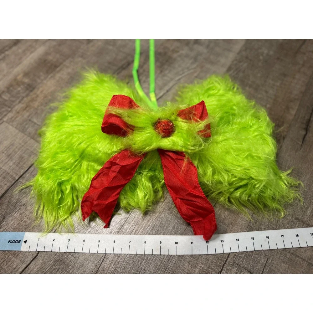 Green Faux Fur Grinch Christmas Bow Red Accent Holiday Wall Decor Wreath